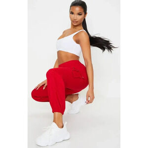 PrettyLittleThing Women's Red Cargo Jogger Pants Size 6‎ Casual Elastic Waist